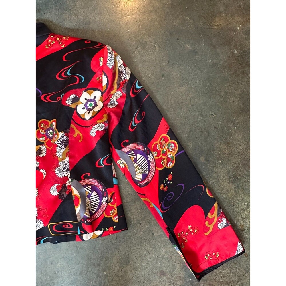 JS Collections Silk Jacket Floral Asian Print Mandarin Collar Red Black - Picture 7 of 8